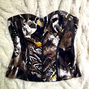 bebe Strapless Bustier Top in Black, Brown, White with Yellow Accents